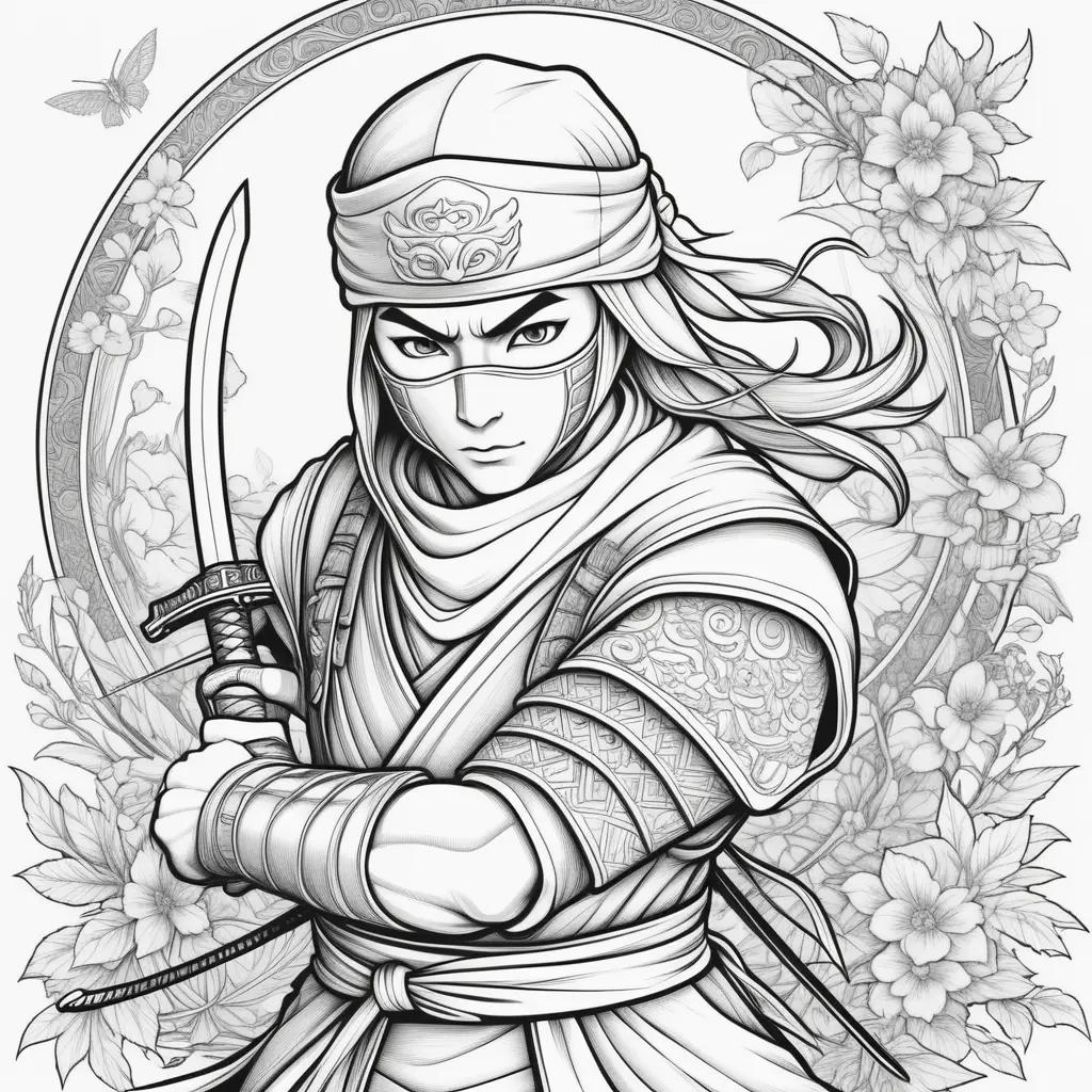 Ninja coloring pages featuring a sword-wielding warrior in a floral frame