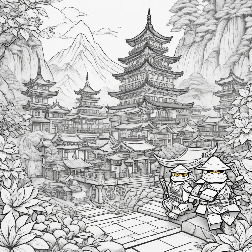 Ninjago coloring pages featuring two people and a building