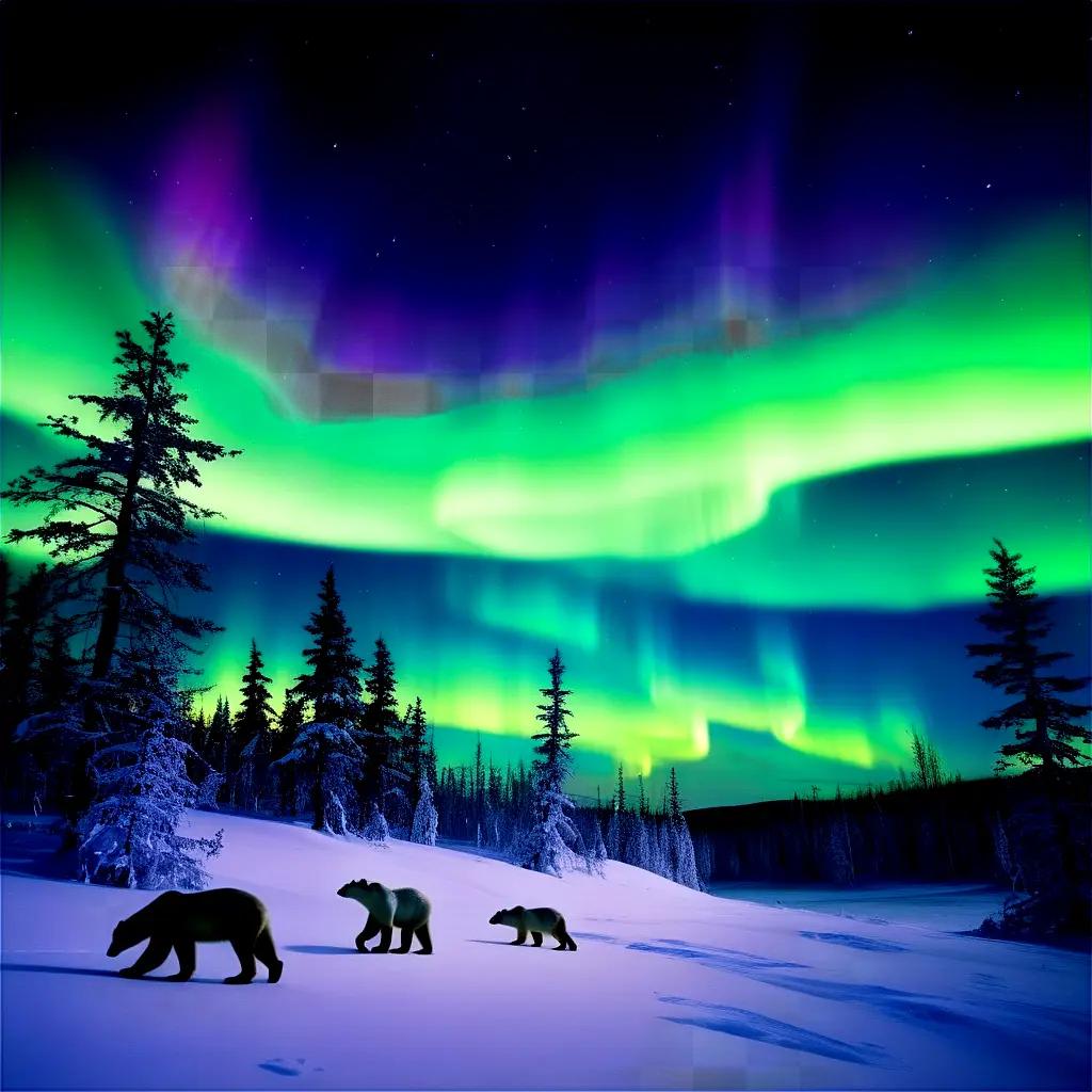 Northern Lights in a forest with bears