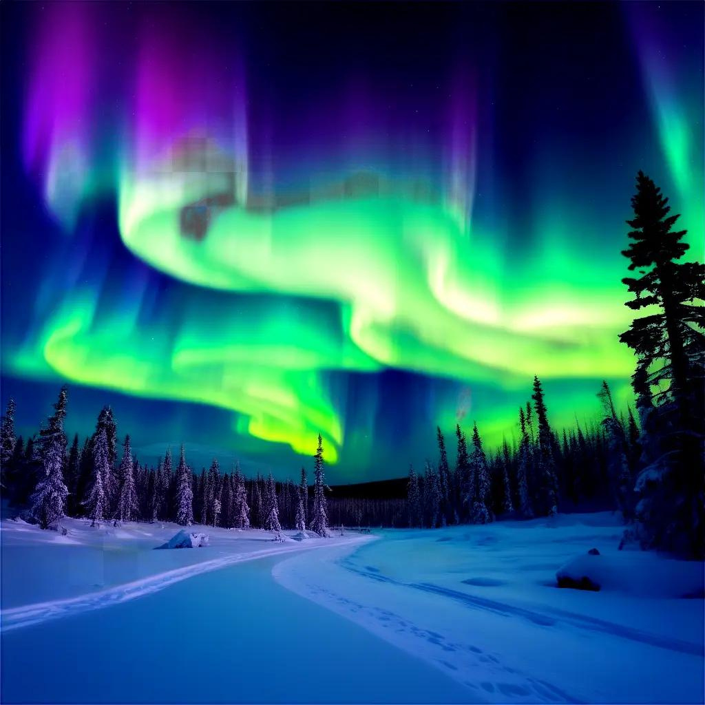 Northern lights dance in the sky above a snowy landscape