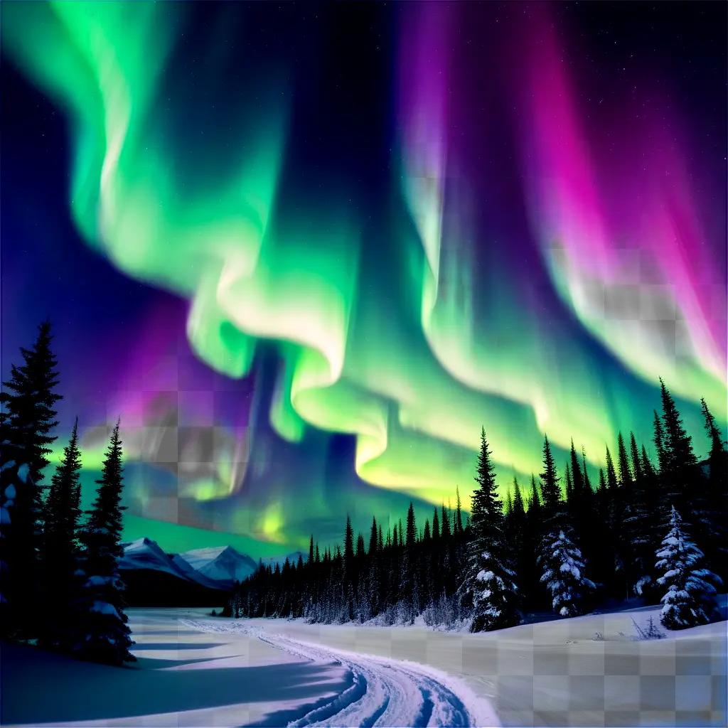 Northern lights dance over snowy trees