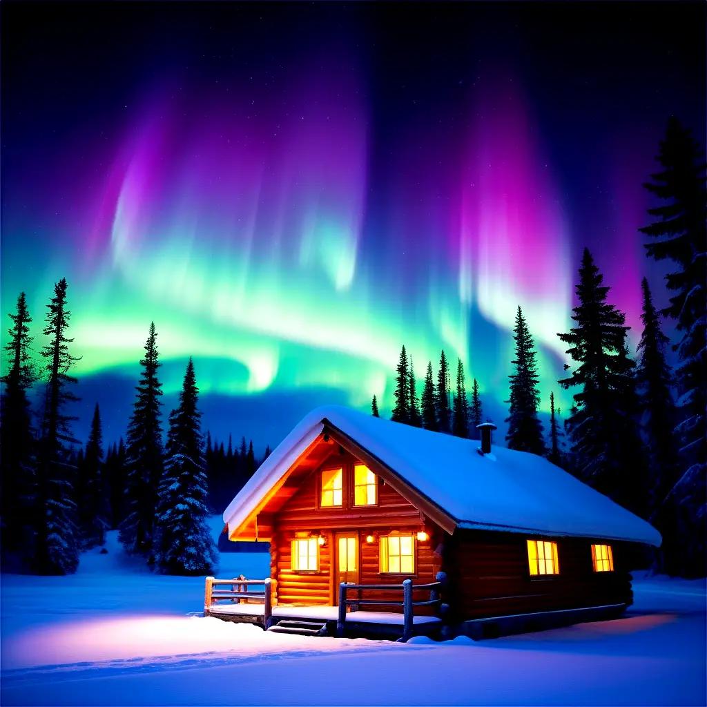 Northern lights illuminate a cabin under a starry sky