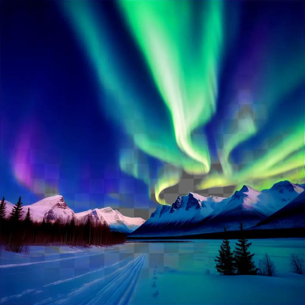 Northern lights in the sky above a snowy mountain