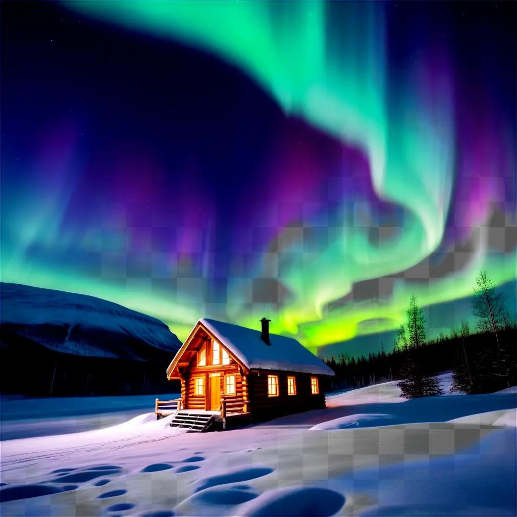 Northern lights light up sky above log cabin