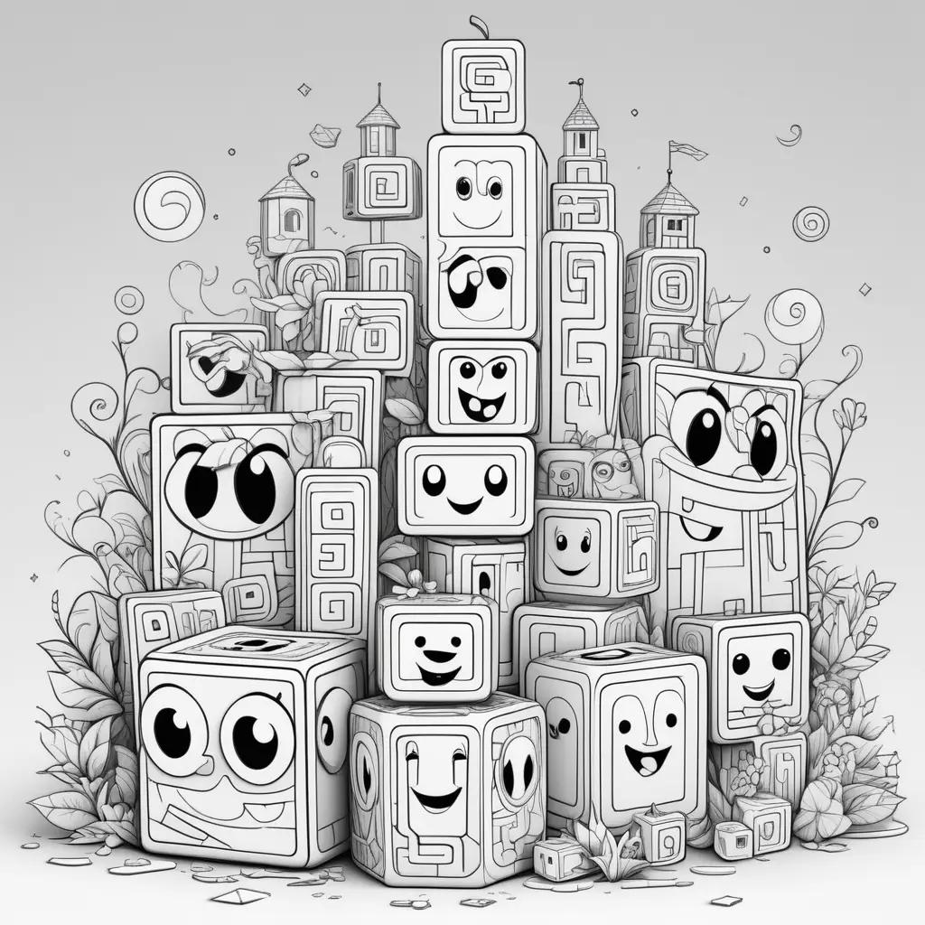 Number blocks coloring pages with cartoon faces