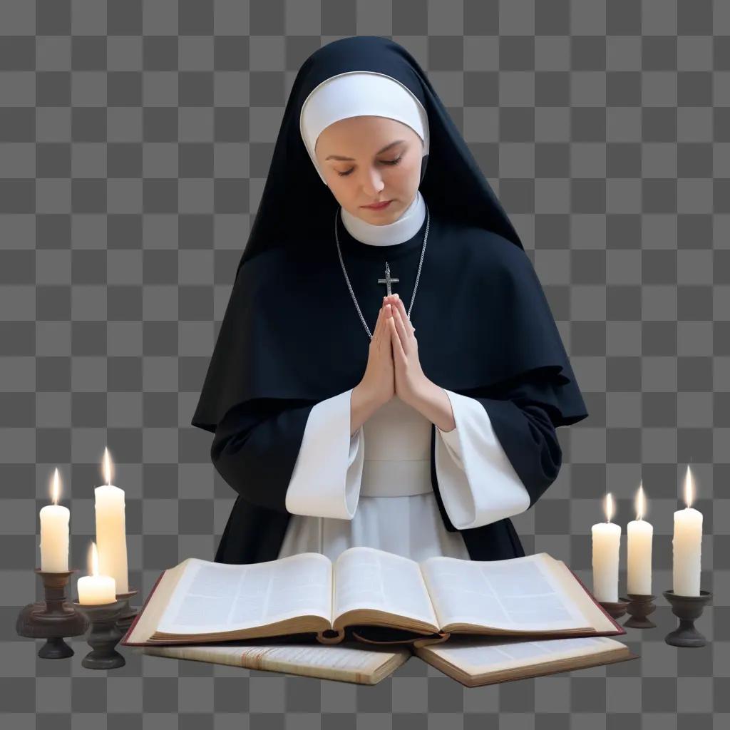 Nun praying before lit candles and book