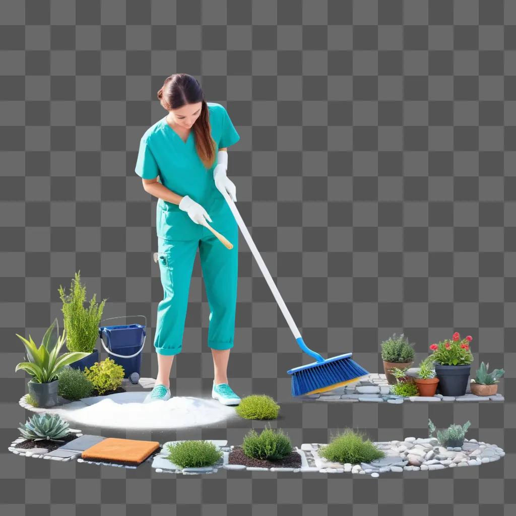 Nurse scrubbing the ground with a broom