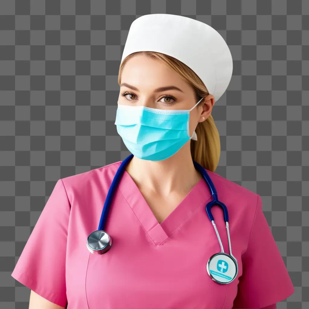 Nurse with transparent mask posing in pink scrubs