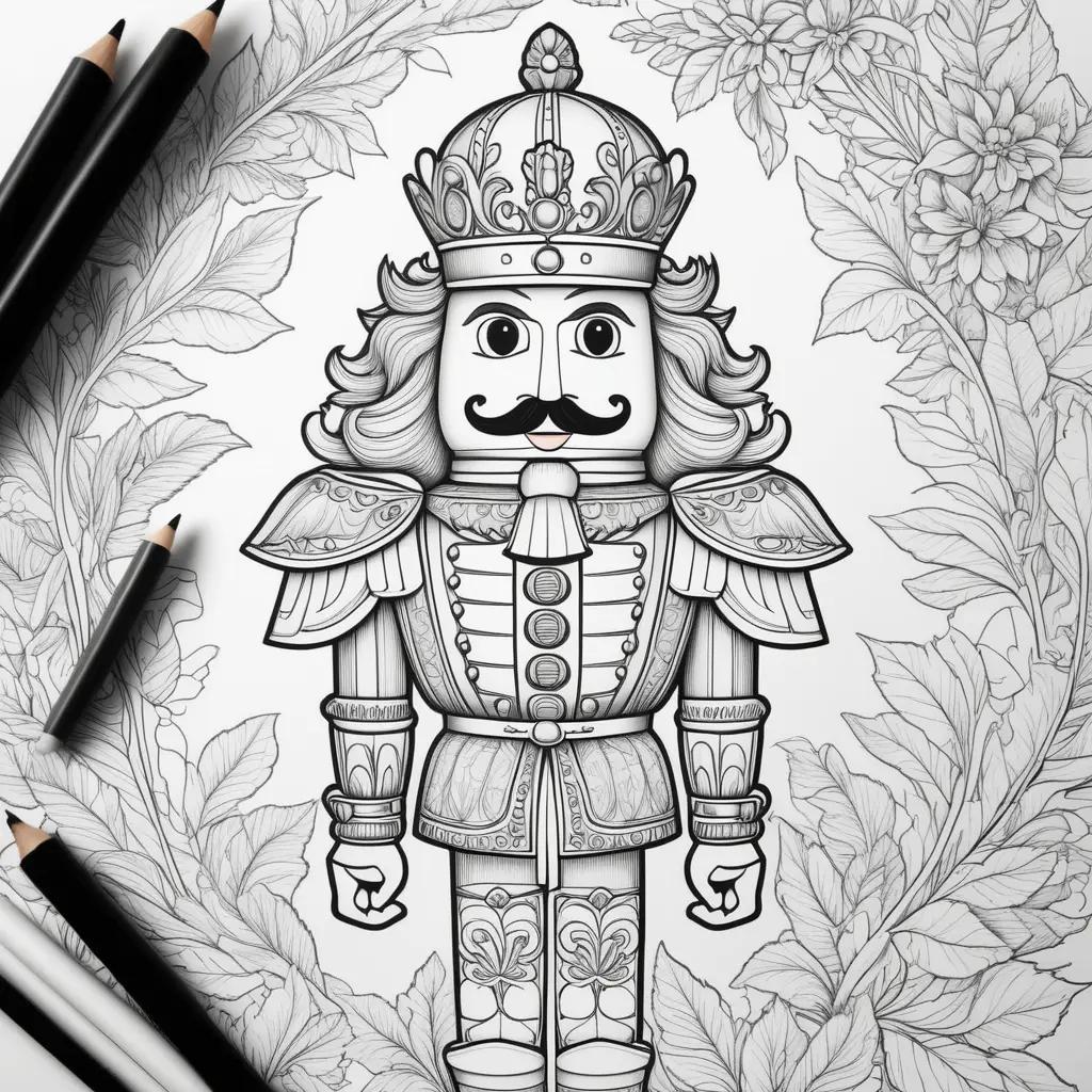 Nutcracker coloring page with black and white coloring pencils