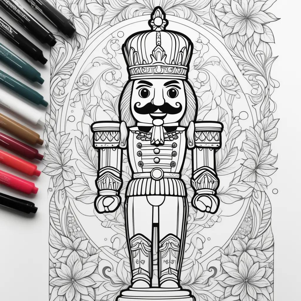 Nutcracker coloring page with black and white coloring pencils