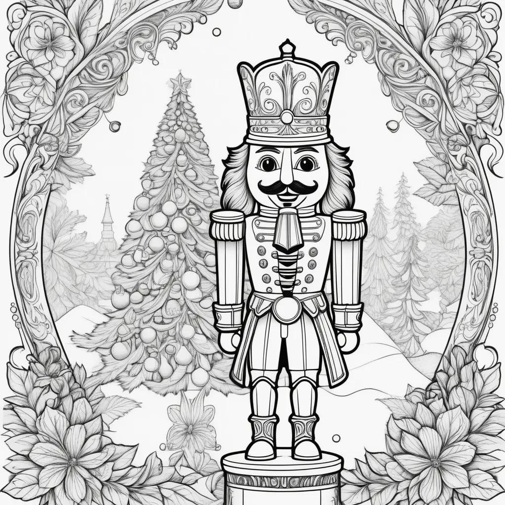 Nutcracker coloring page with ornaments and tree