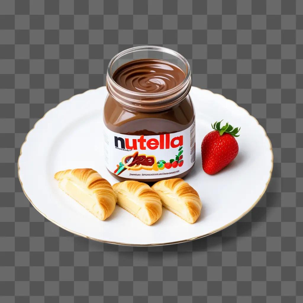 Nutella in jar on plate with croissants and strawberry