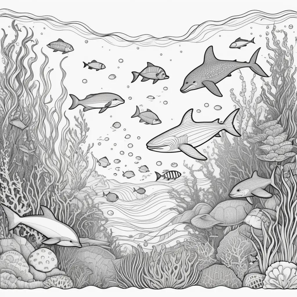 Ocean Animals Coloring Pages: Dolphin, Shark, Fish, Coral, Shell