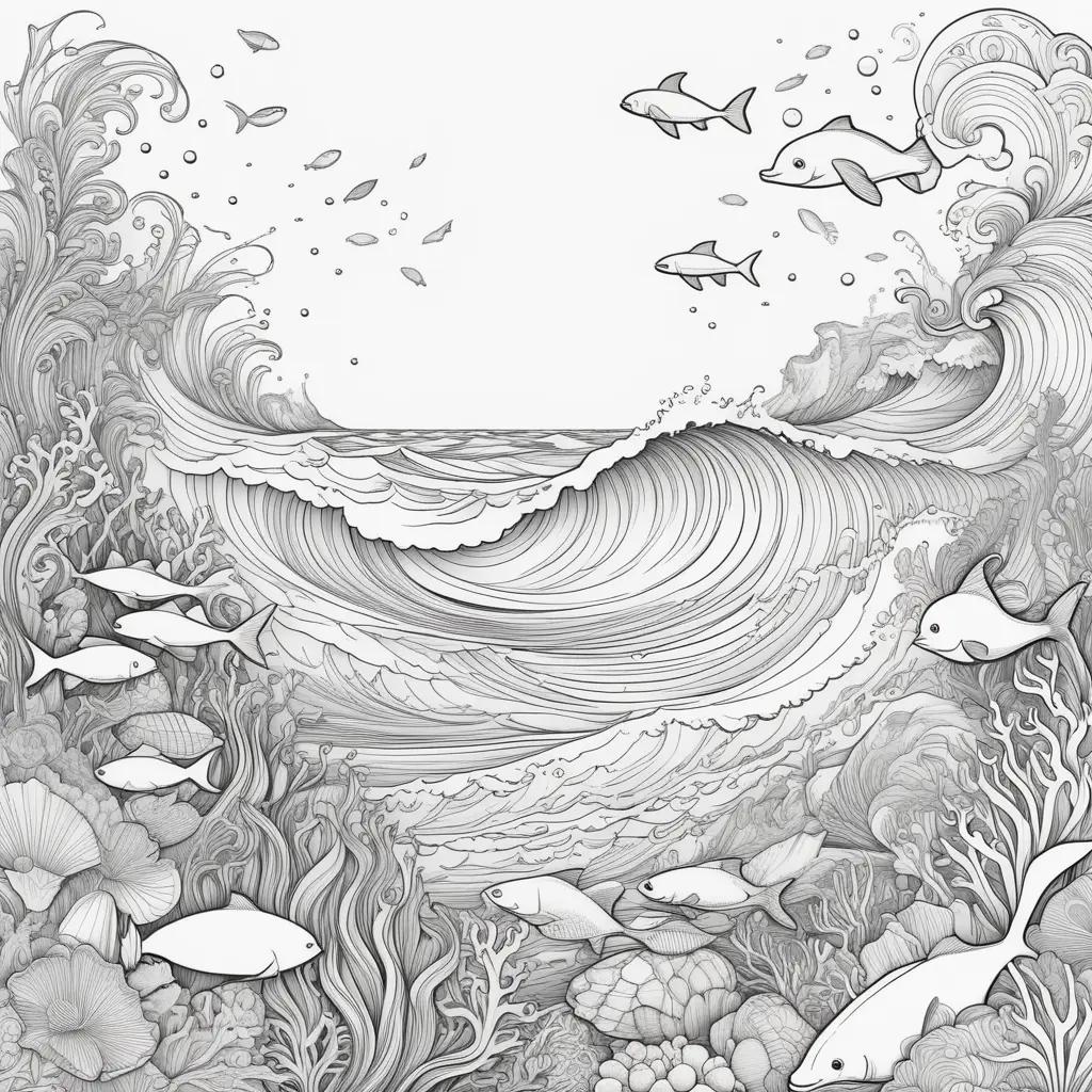 Ocean Coloring Page with Whales and Fish