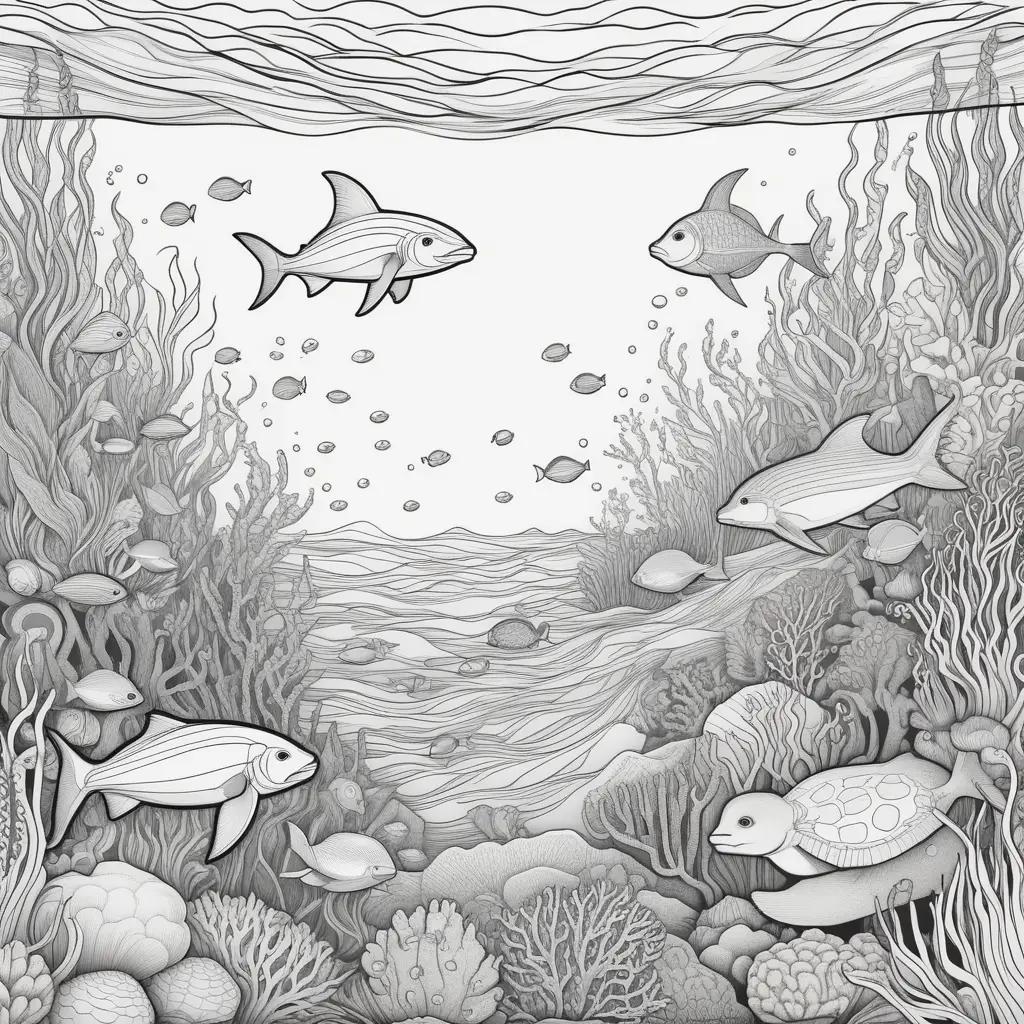 Ocean animals coloring pages: fish, turtles, and coral