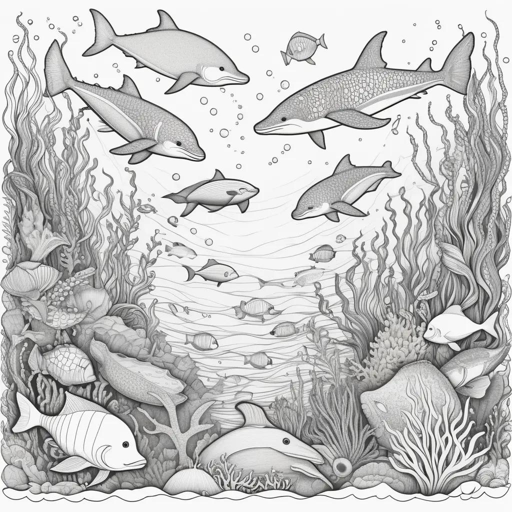 Ocean animals coloring pages featuring dolphins, fish and coral