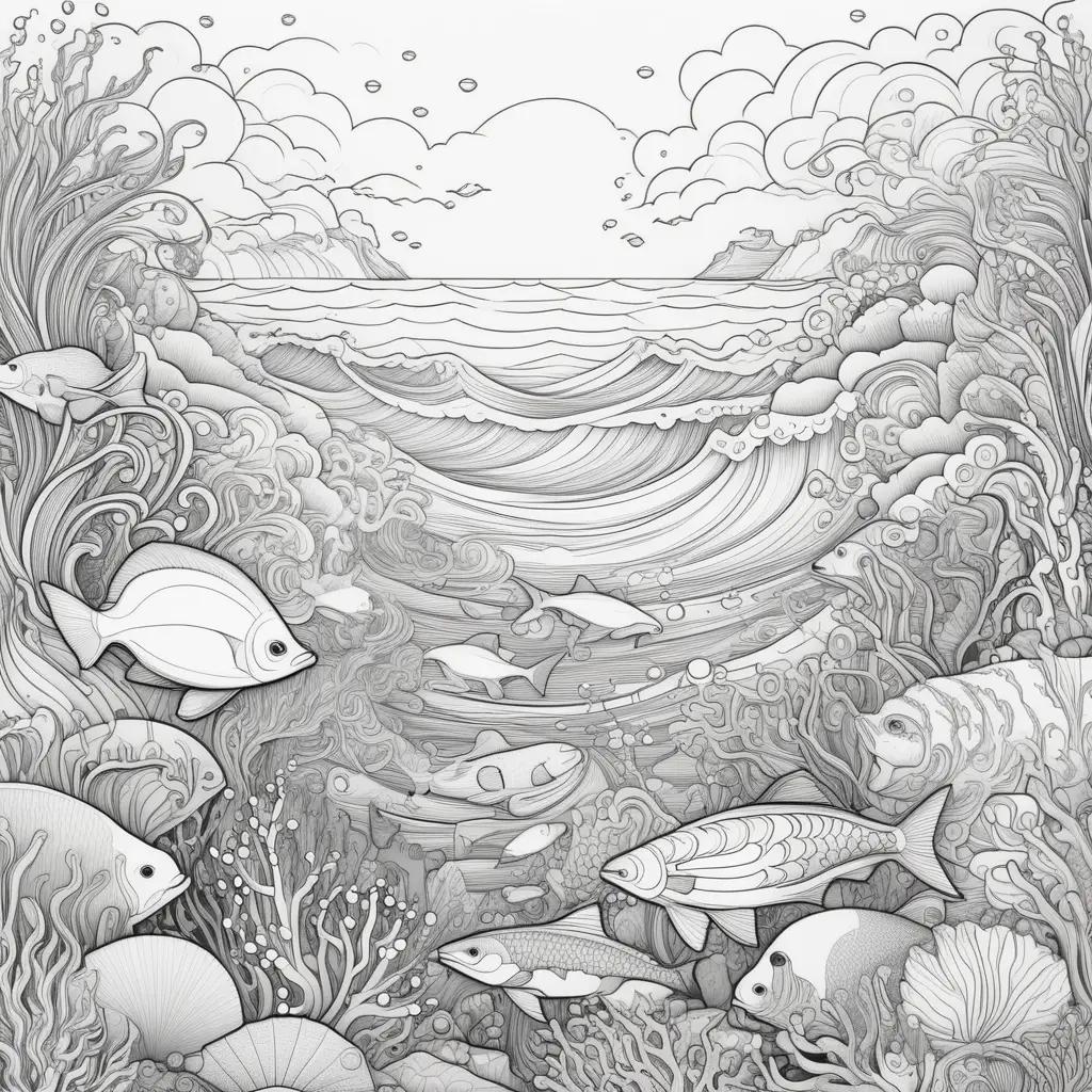 Ocean coloring page: Fish and coral in the sea