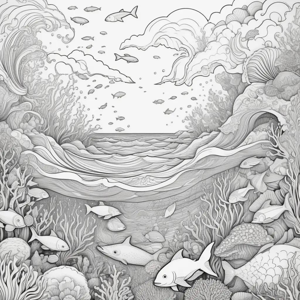 Ocean coloring page with fish and coral