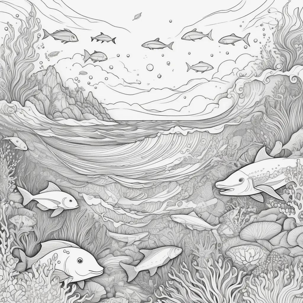 Ocean coloring page with fish and coral