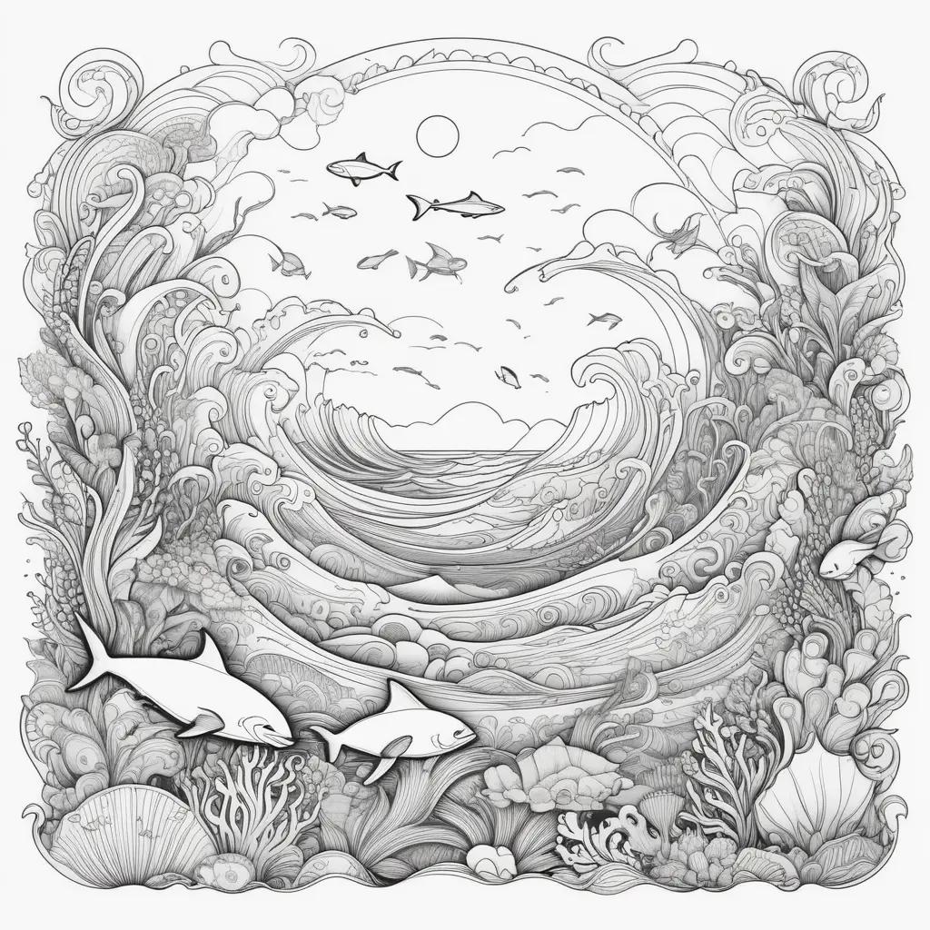 Ocean coloring page with fish and coral