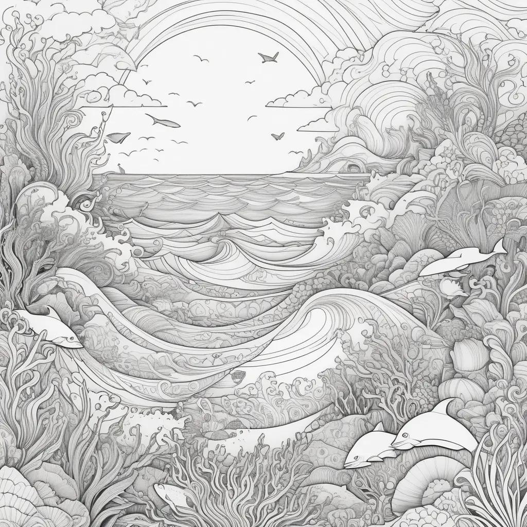 Ocean coloring page with fish and waves