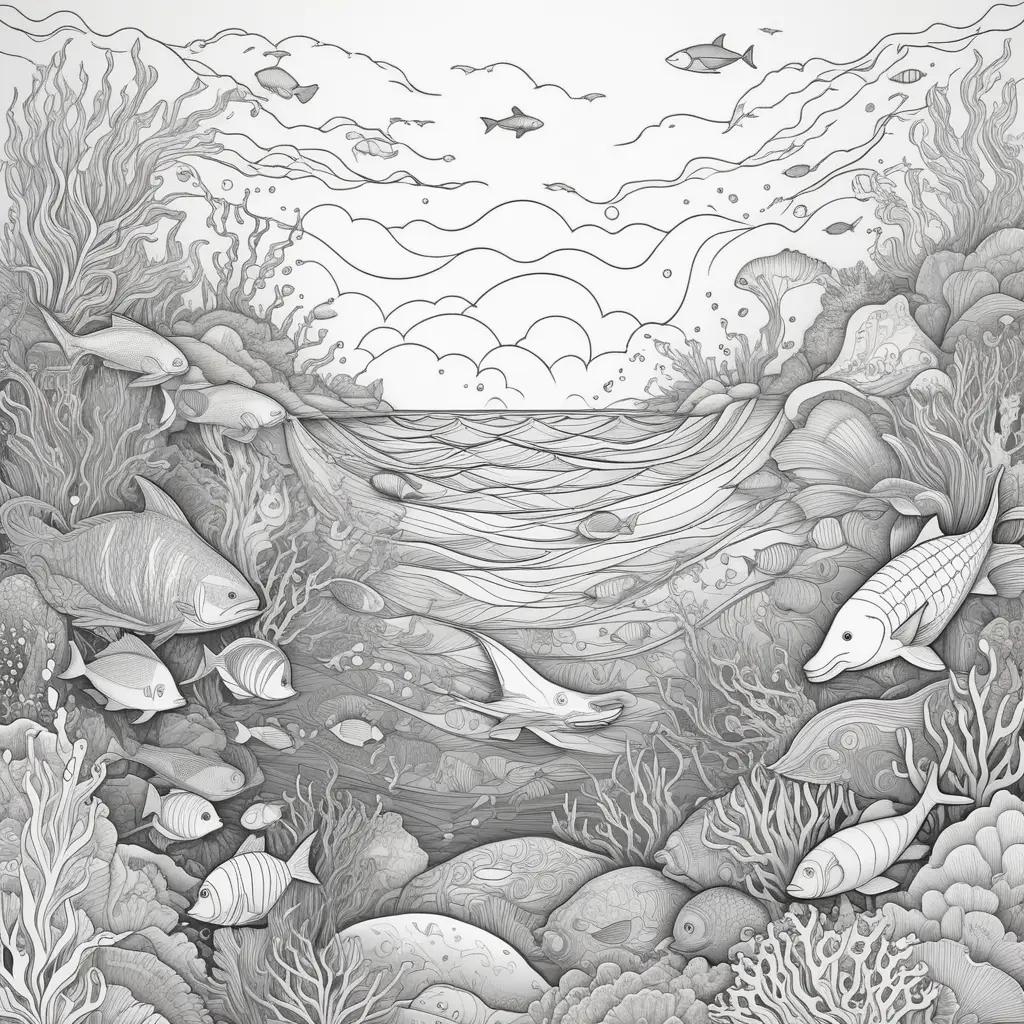 Ocean coloring pages: fish, coral and sea grass