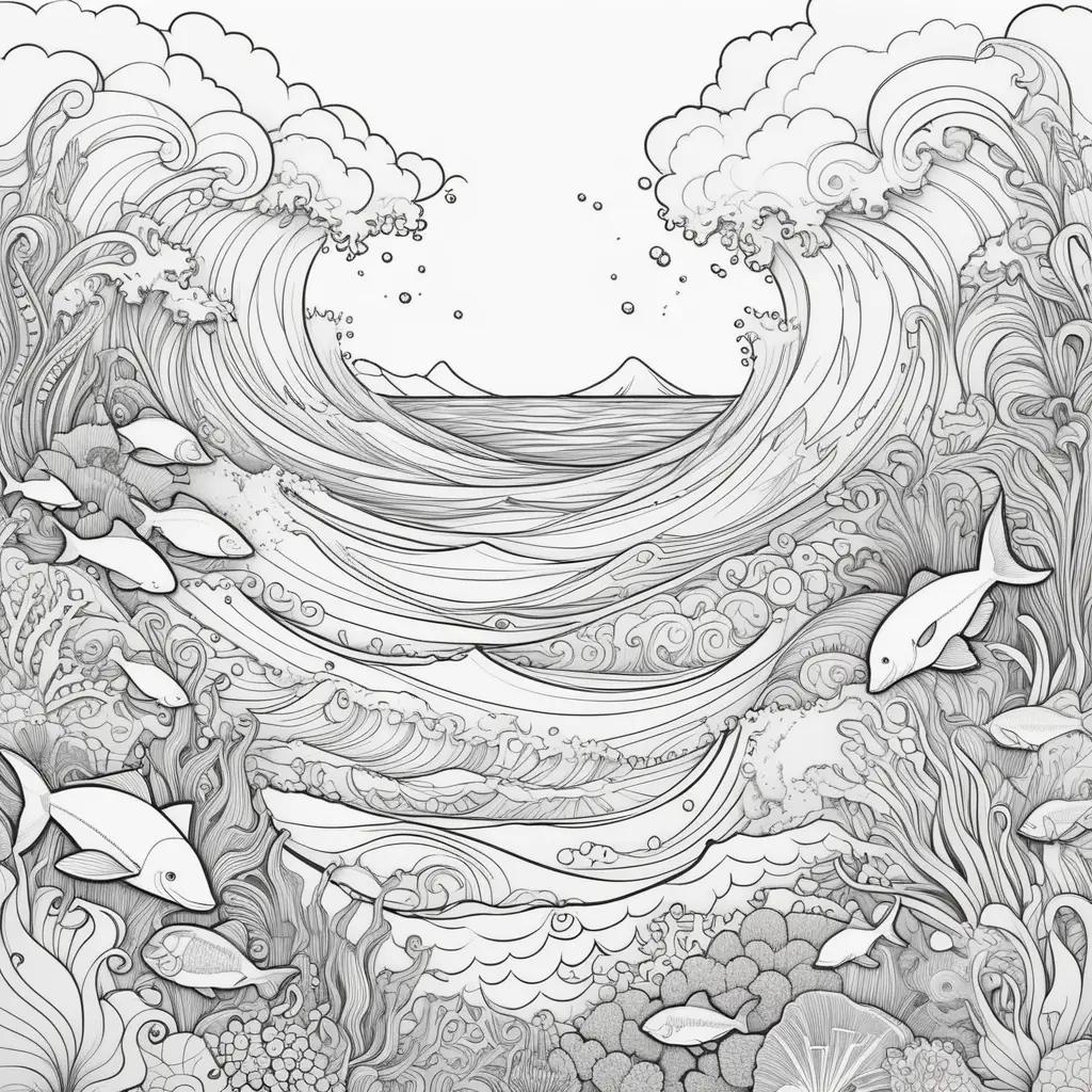 Ocean coloring pages featuring fish and waves