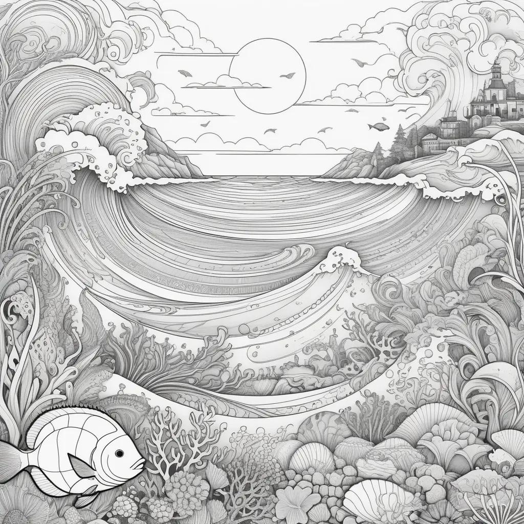 Ocean coloring pages with fish, waves, and sea life