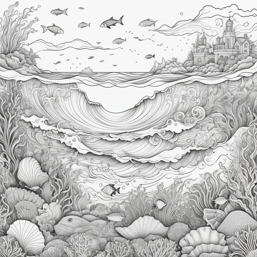 Ocean coloring pages with fish and castle