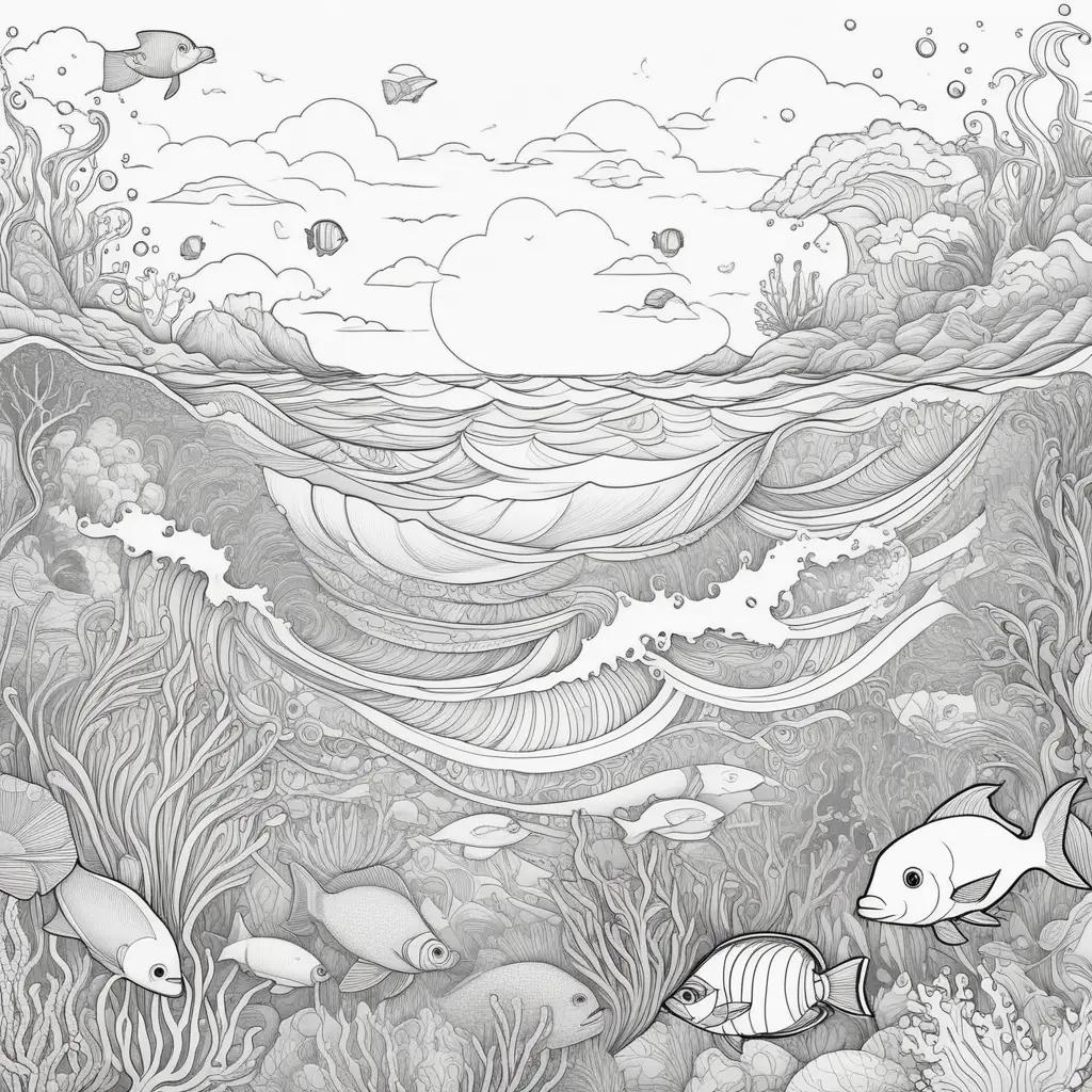 Ocean coloring pages with fish and seaweed