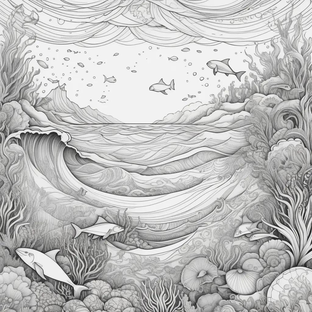 Ocean coloring pages with various fish, waves, and sea plants