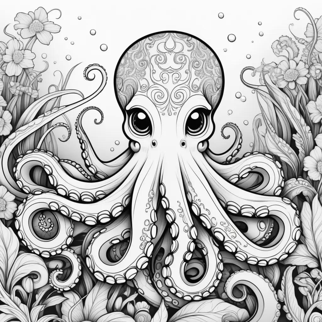 Octopus Coloring Page with Flowers and Bubbles