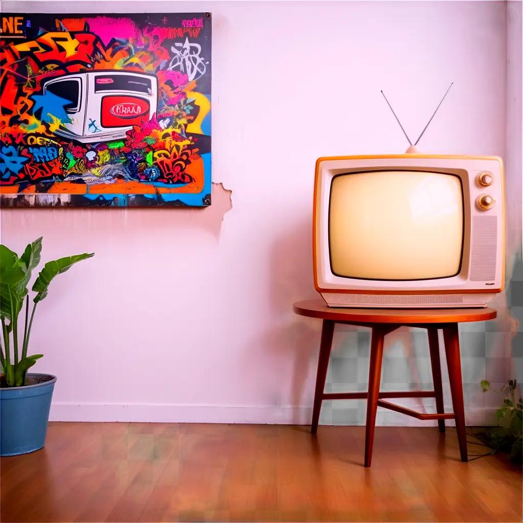 Old TV sits on wooden table near colorful wall