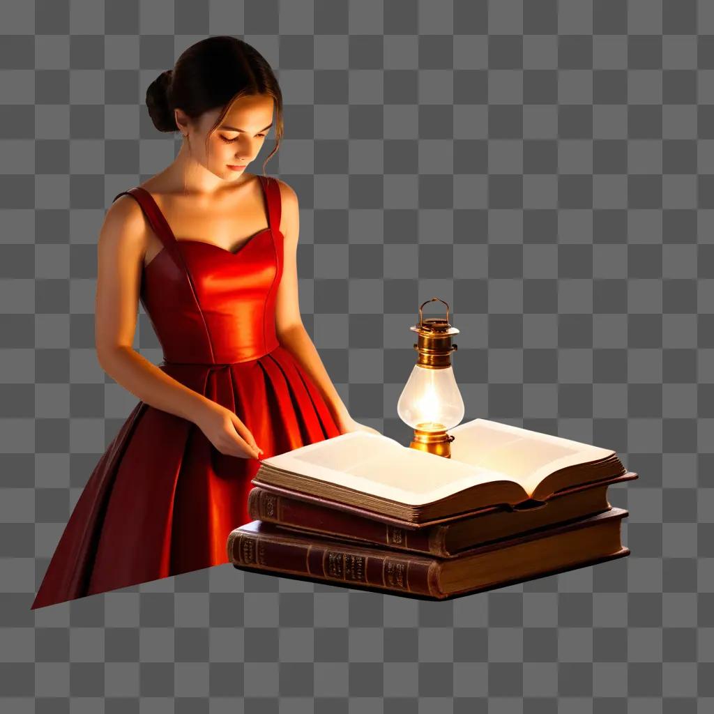 Old book stacked with light and girl in red dress