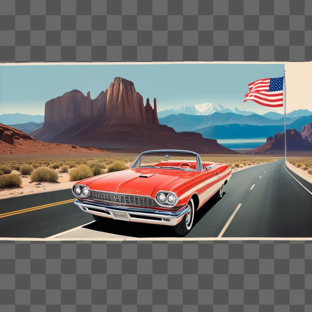 Old car on desert road with American flag