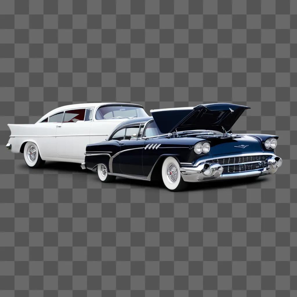 Old cars at a car show with a white car and a black car