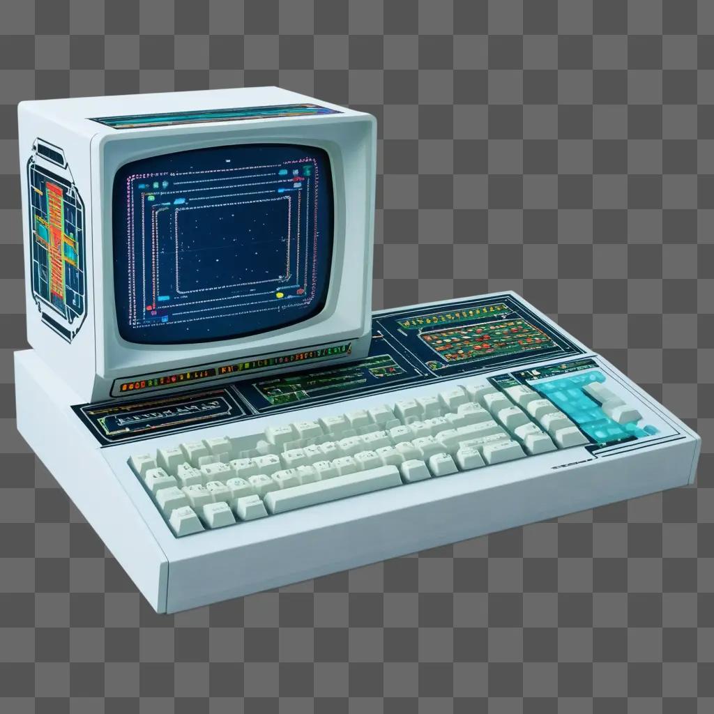 Old computer with colorful screen and keyboard