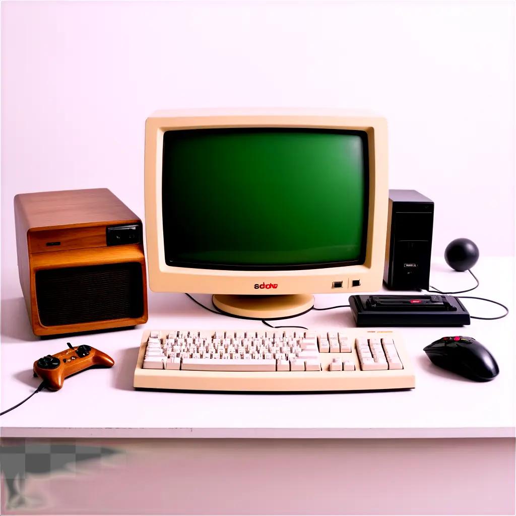 Old computer with green screen and black keyboard