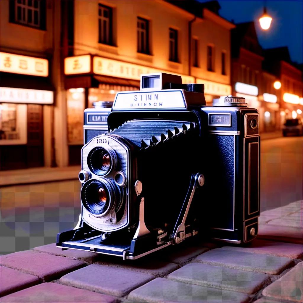 Old film camera with lens on brick sidewalk