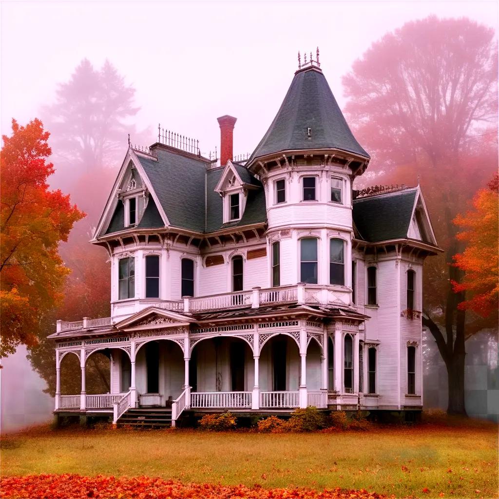 Old house surrounded by trees with red leaves