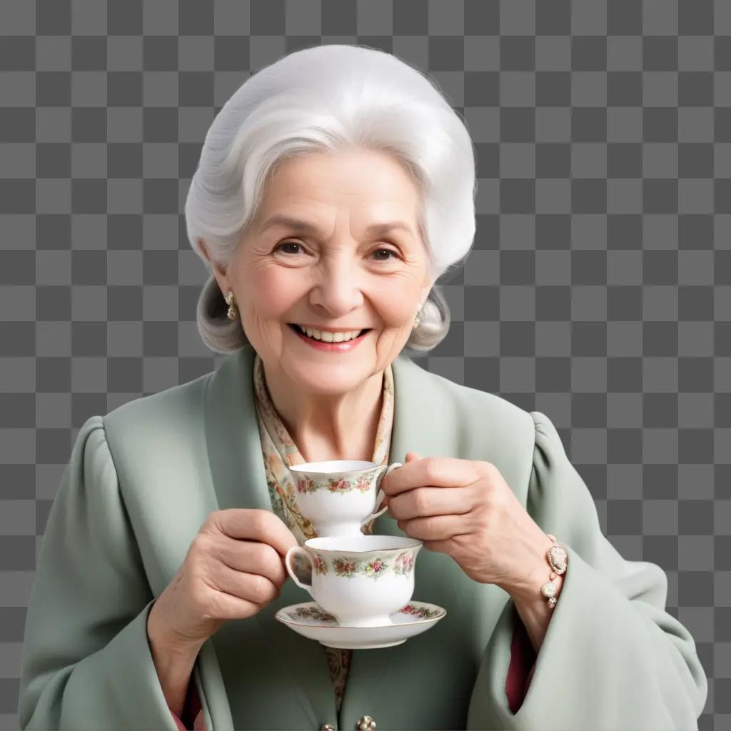 Old lady holding tea cup with saucer