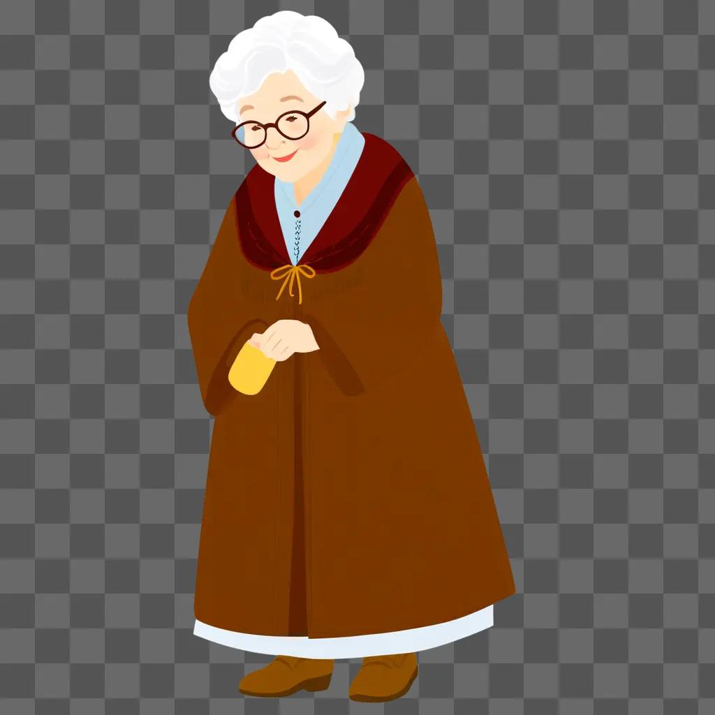 Old lady in a brown coat and glasses