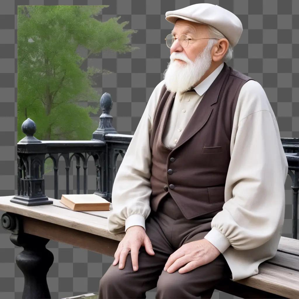 Old man sits on bench with book