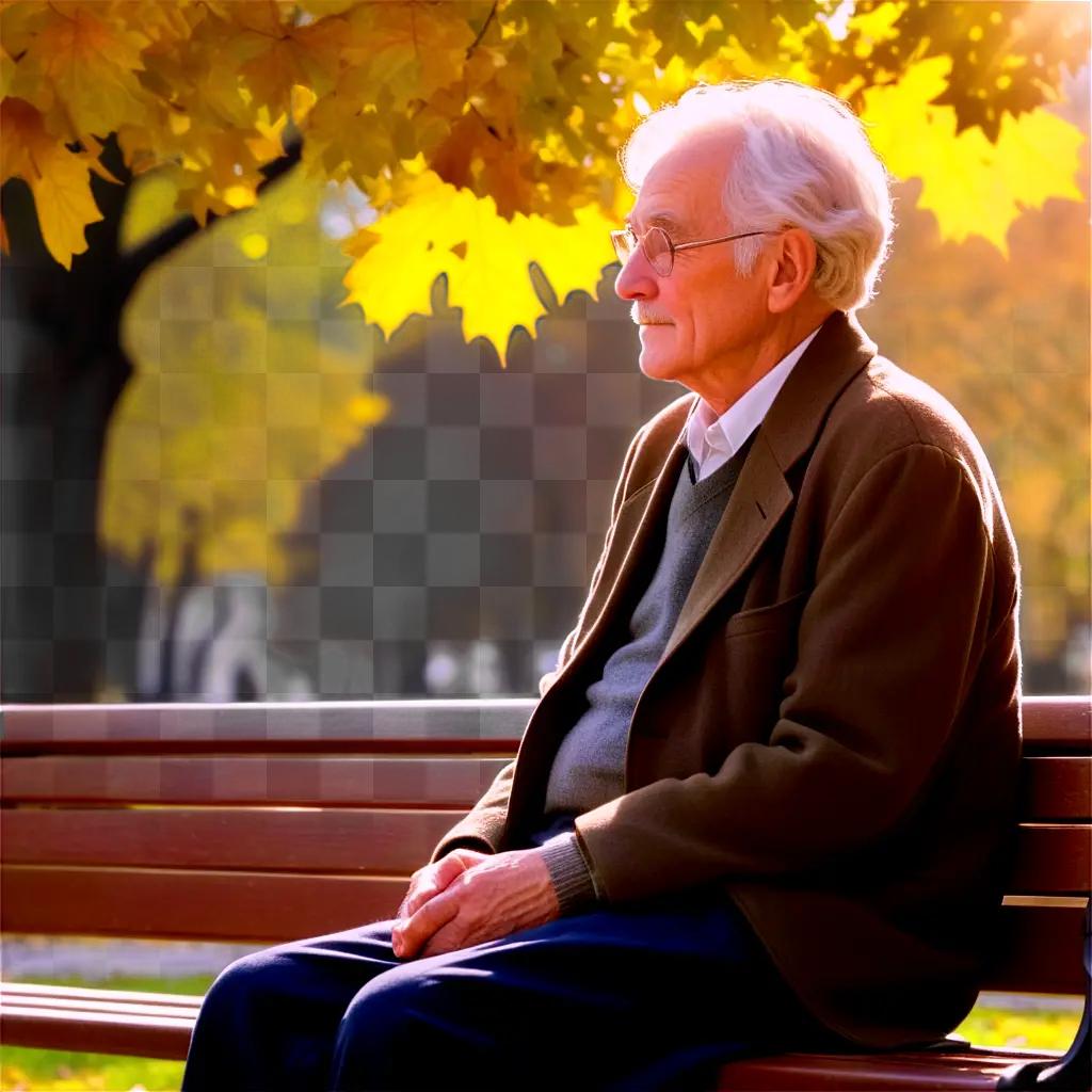 Old man sits on park bench in autumn