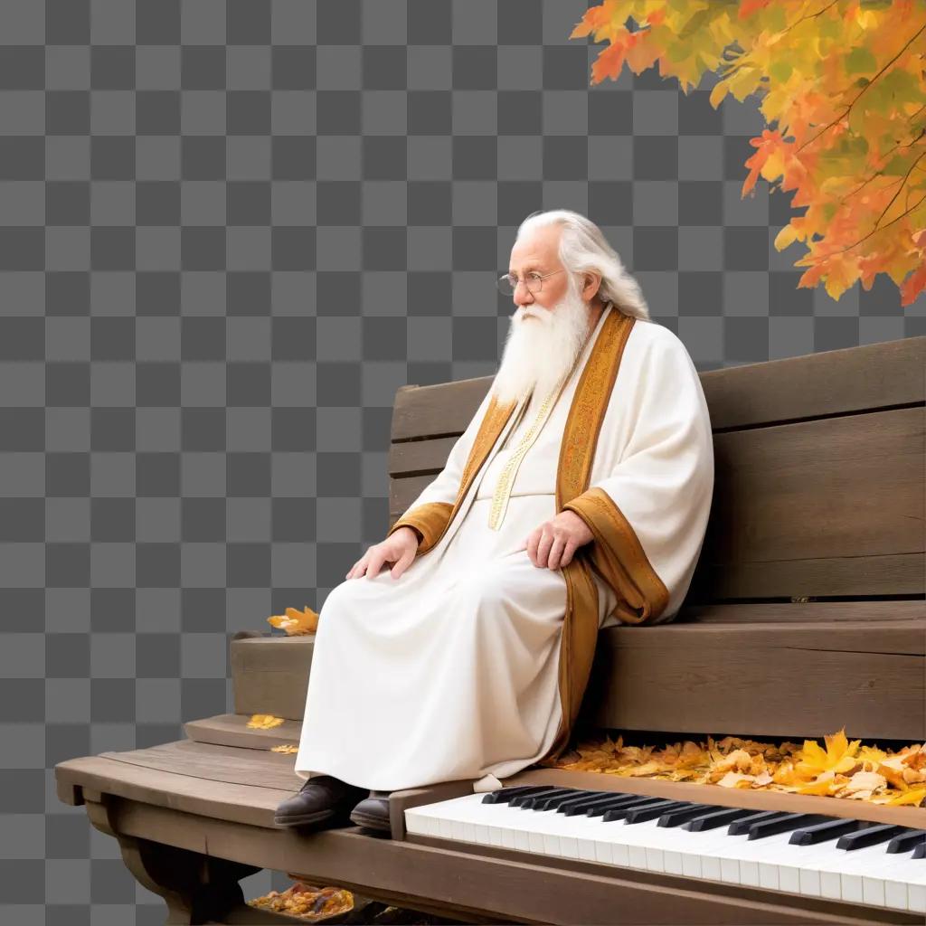 紅葉のピアノ台に座る老人