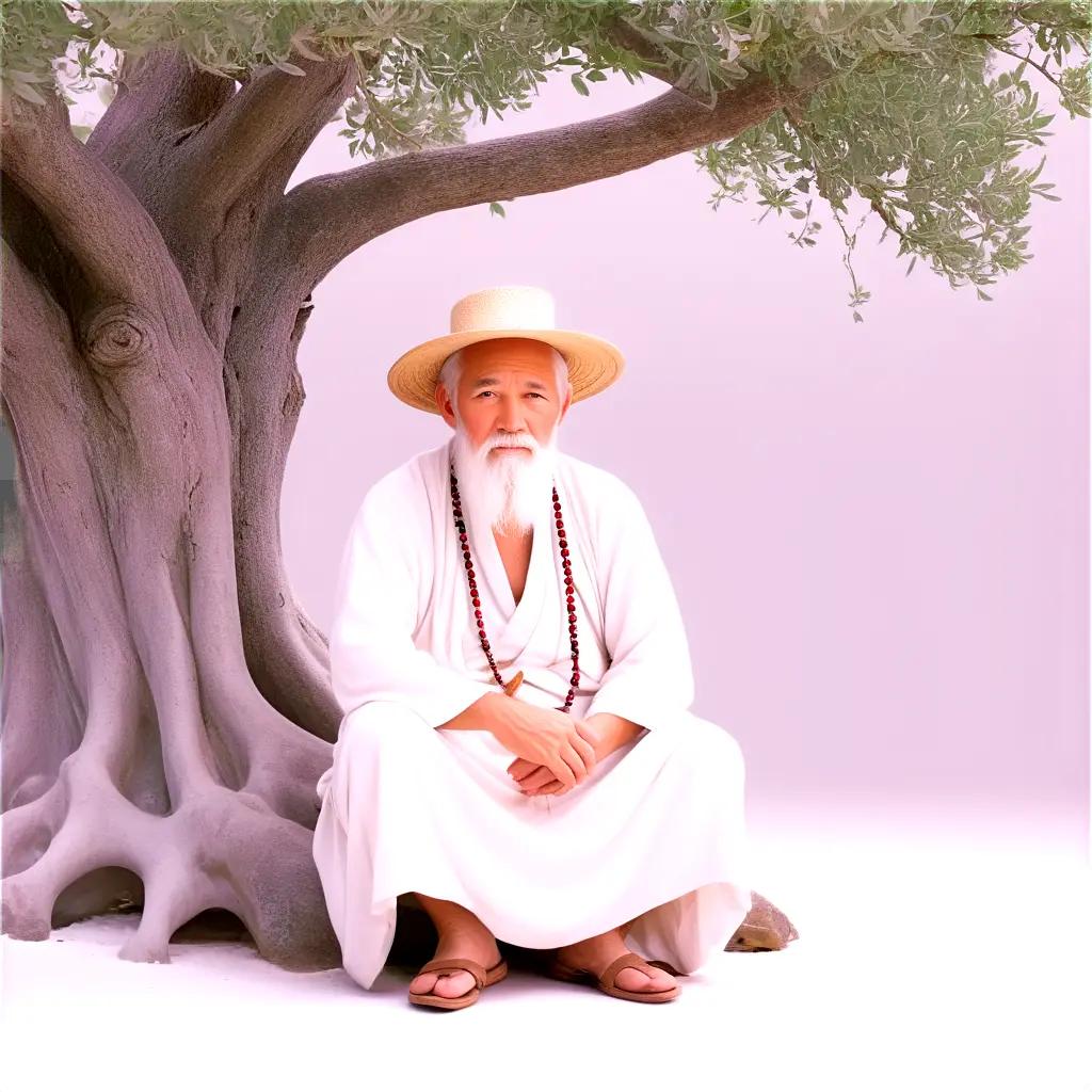 Old man sits on tree trunk under purple background