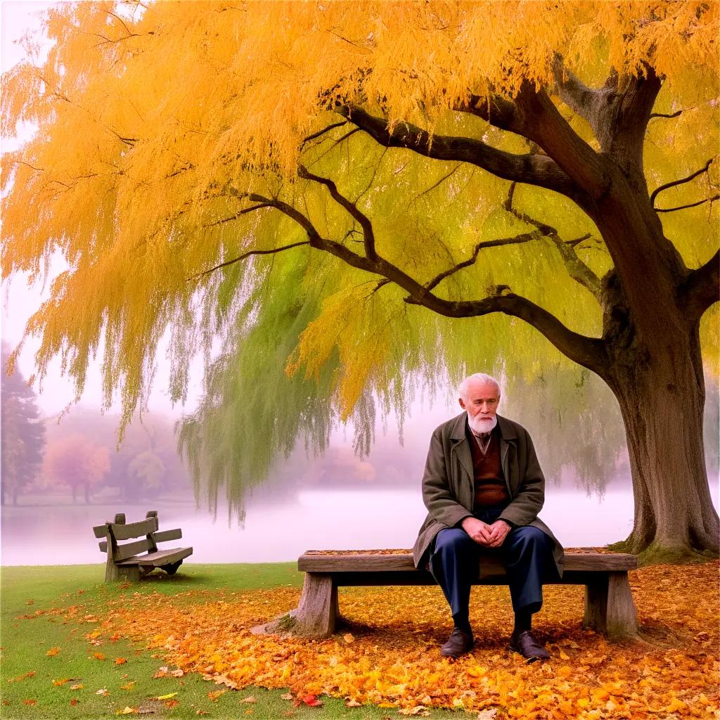 Old man sits under a tree in a park