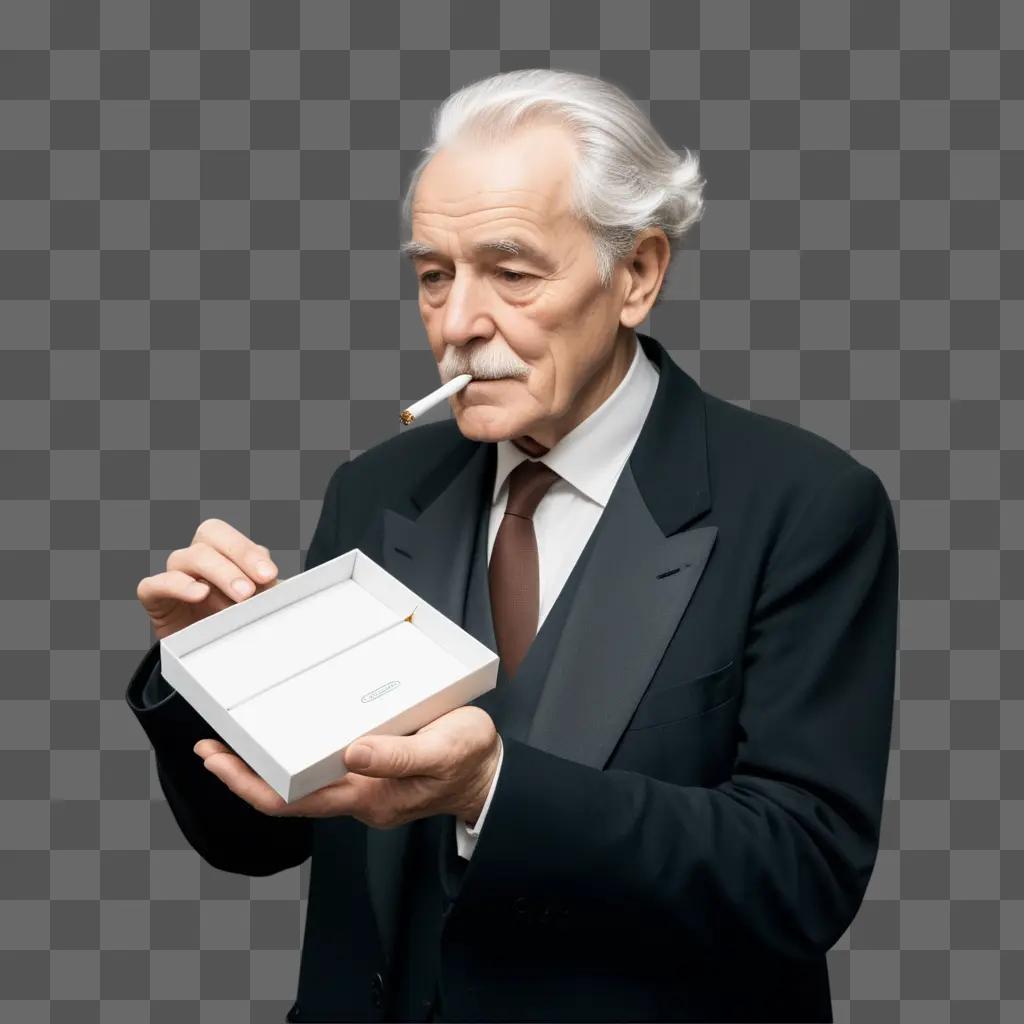 Old man smokes cigarettes in a white box