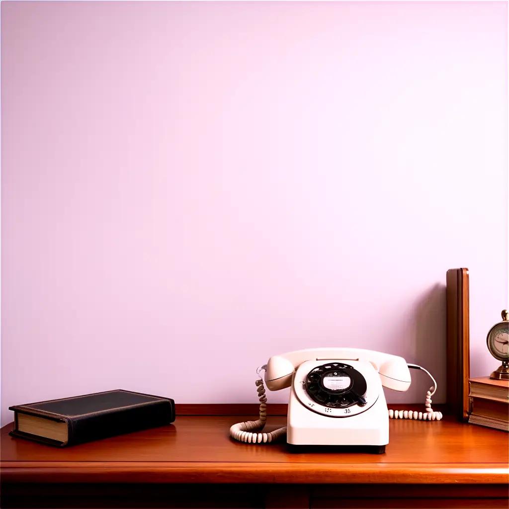 Old telephone on wooden desk with book