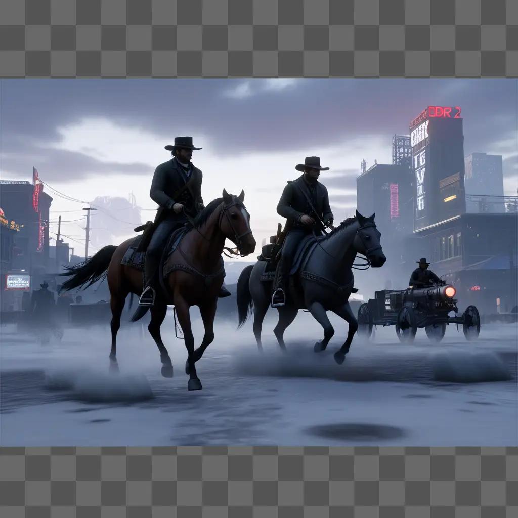 Old west riders on horseback in a city